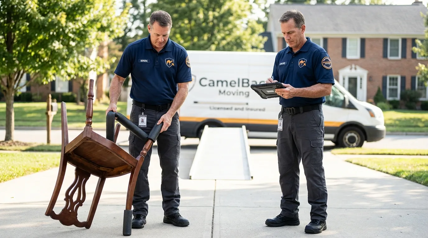Movers inspecting furniture for damage prevention before loading in Palmerton, PA
